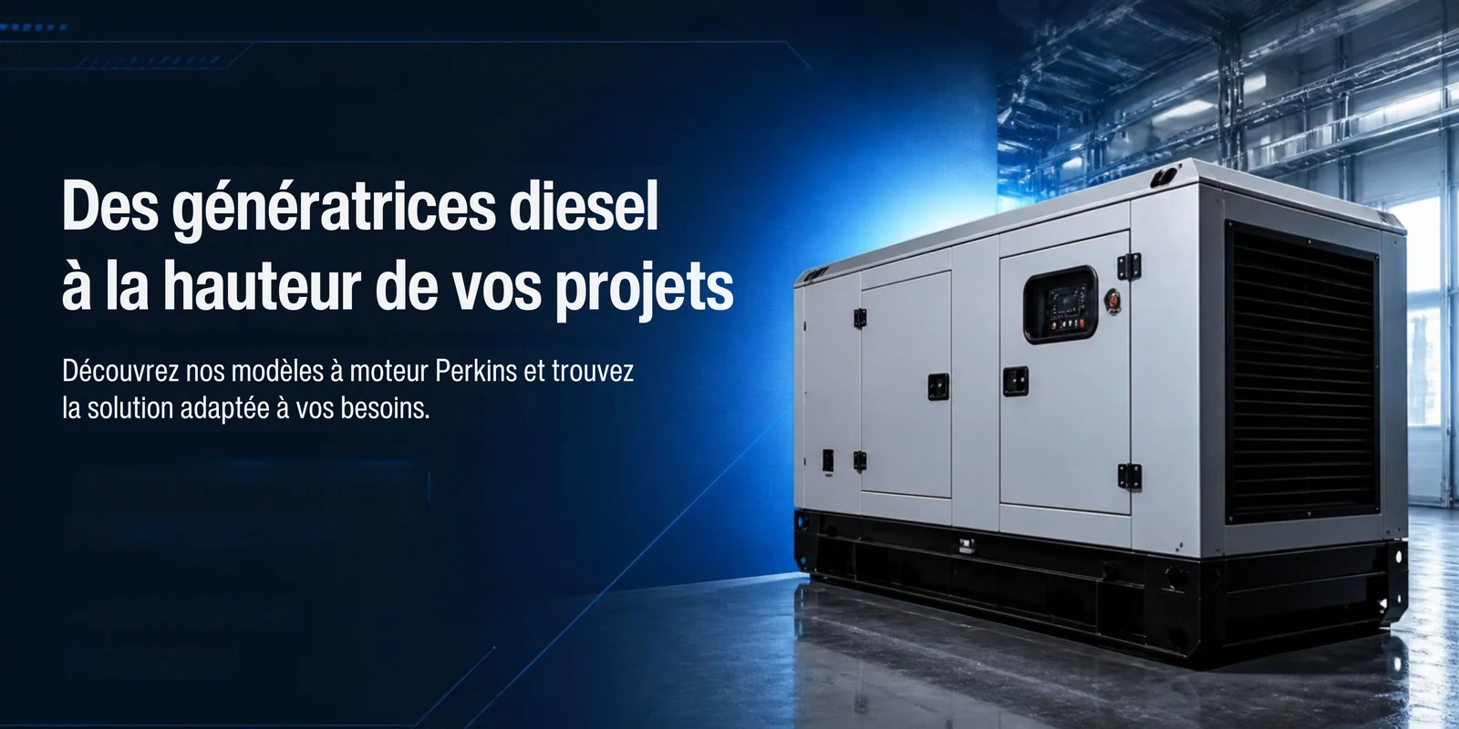 Génératrice diesel à moteur Perkins dans un bâtiment industriel