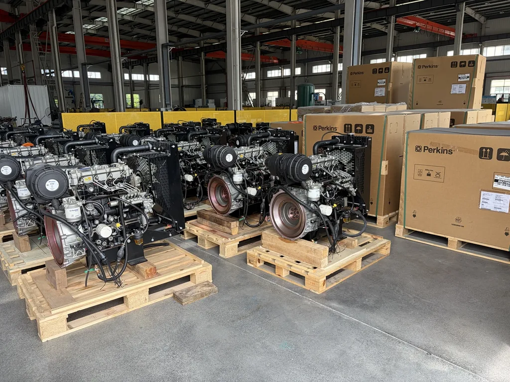 Perkins engines on pallets in a factory