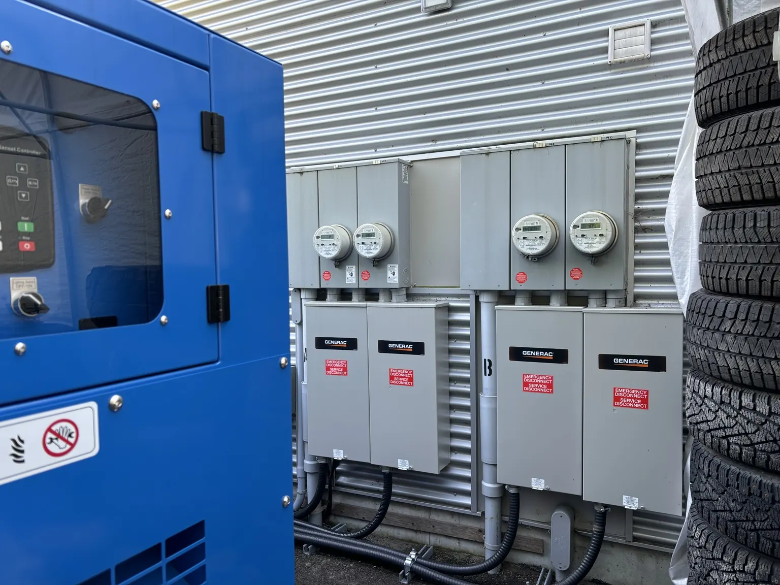 Blue generator and transfer panels installed at a building