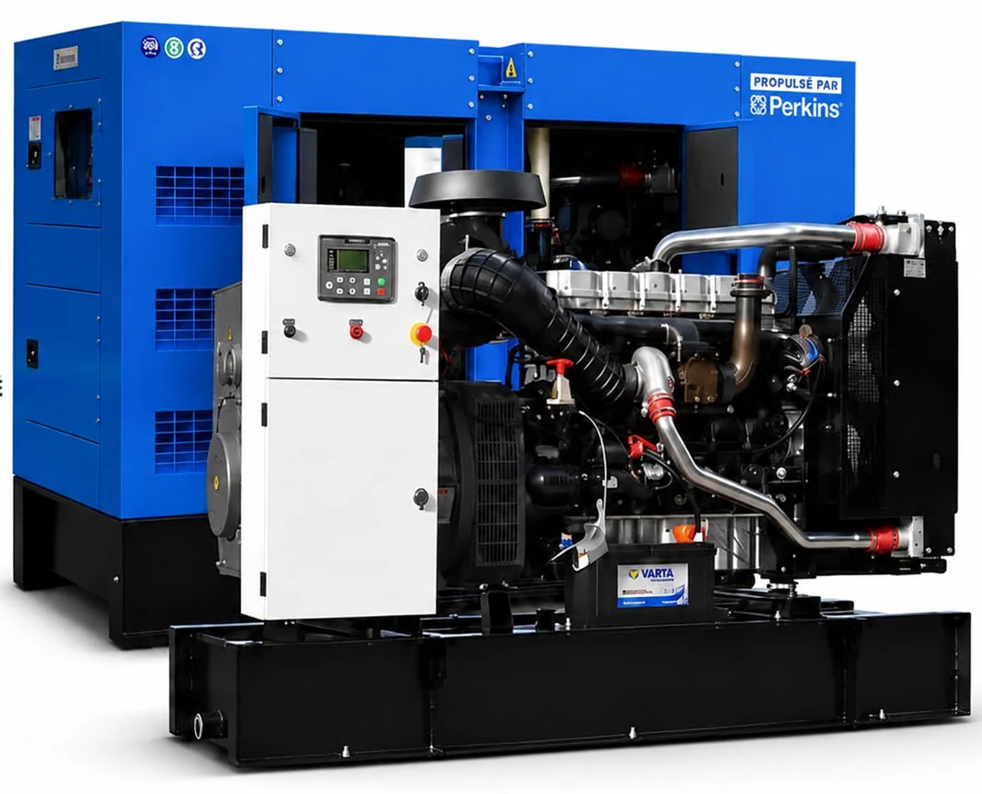 Perkins diesel generator with control panel, visible engine and blue enclosure